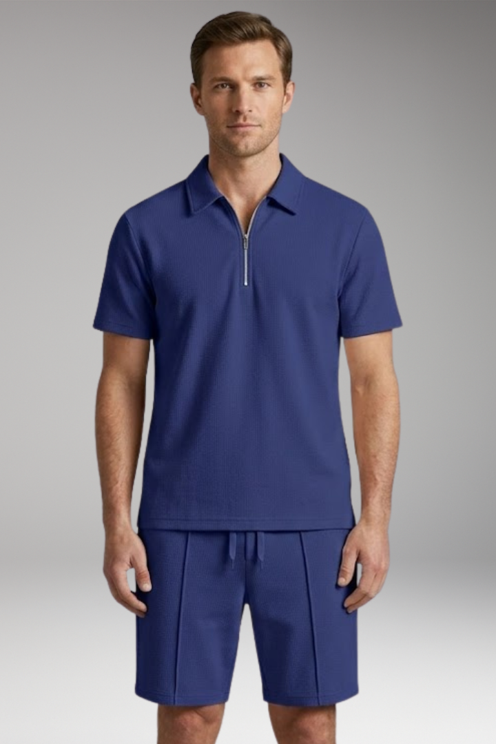 Men's Two-Piece Set with Half-Zip Shirt and Elastic Waistband Shorts