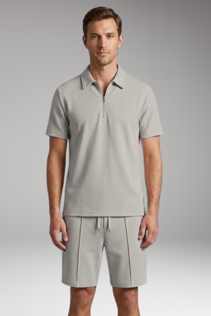 Men's Two-Piece Set with Half-Zip Shirt and Elastic Waistband Shorts