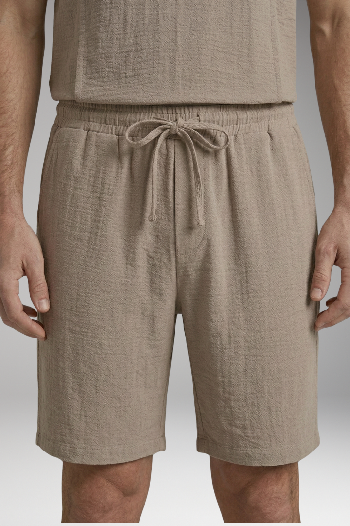 Men's Two-Piece Set with Henley Neckline and Drawstring Shorts