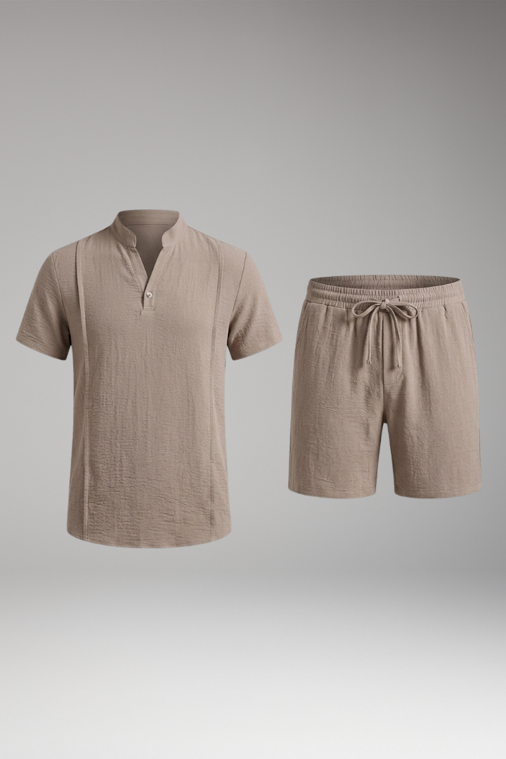 Men's Two-Piece Set with Henley Neckline and Drawstring Shorts
