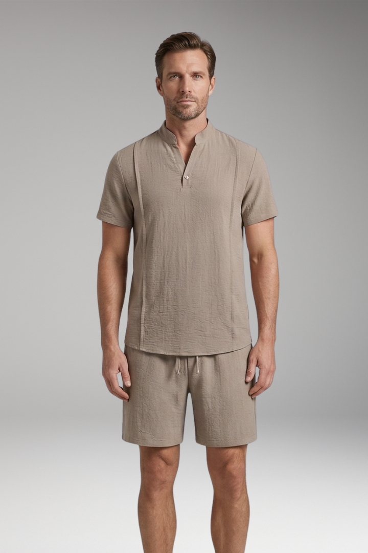 Men's Two-Piece Set with Henley Neckline and Drawstring Shorts