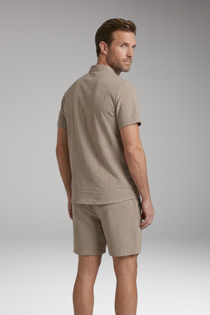 Men's Two-Piece Set with Henley Neckline and Drawstring Shorts