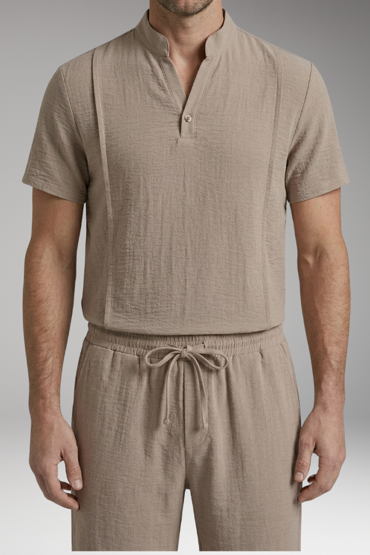 Men's Two-Piece Set with Henley Neckline and Drawstring Shorts