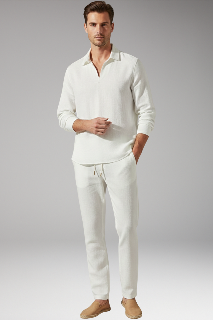 Men’s Two-Piece Set with Long Sleeve Shirt and Drawstring Pants
