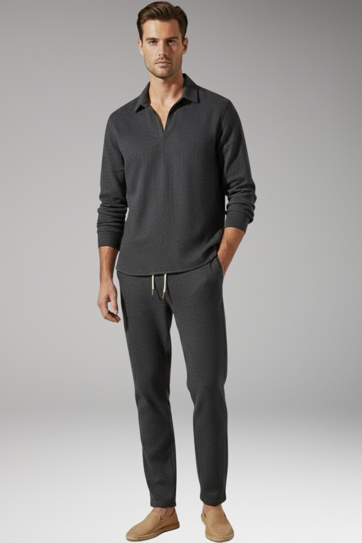 Men’s Two-Piece Set with Long Sleeve Shirt and Drawstring Pants