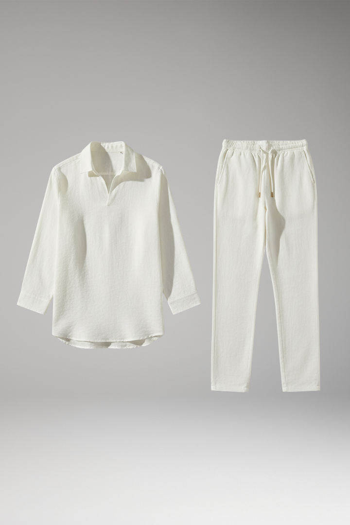 Men’s Two-Piece Set with Long Sleeve Shirt and Drawstring Pants