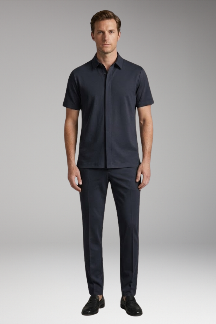 Men's Two-Piece Set with Short-Sleeve Shirt and Slim-Fit Trousers
