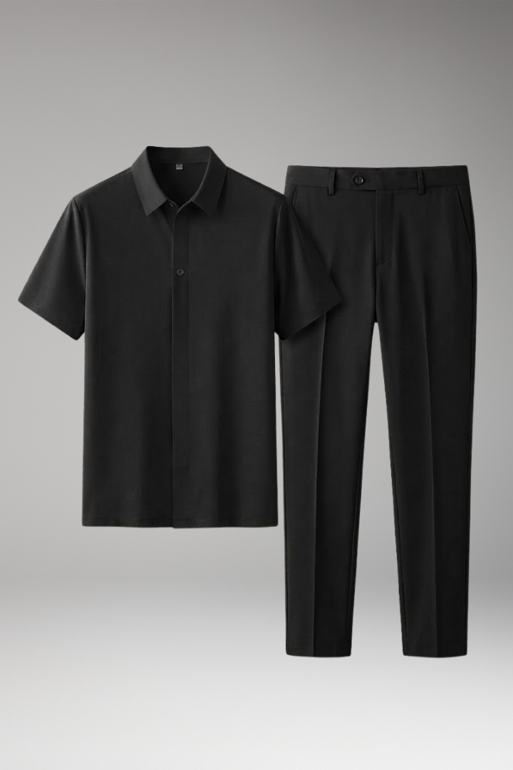 Men's Two-Piece Set with Short-Sleeve Shirt and Slim-Fit Trousers