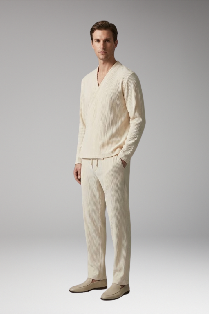 Men's Two-Piece Set with V-Neck Top and Relaxed Fit Trousers