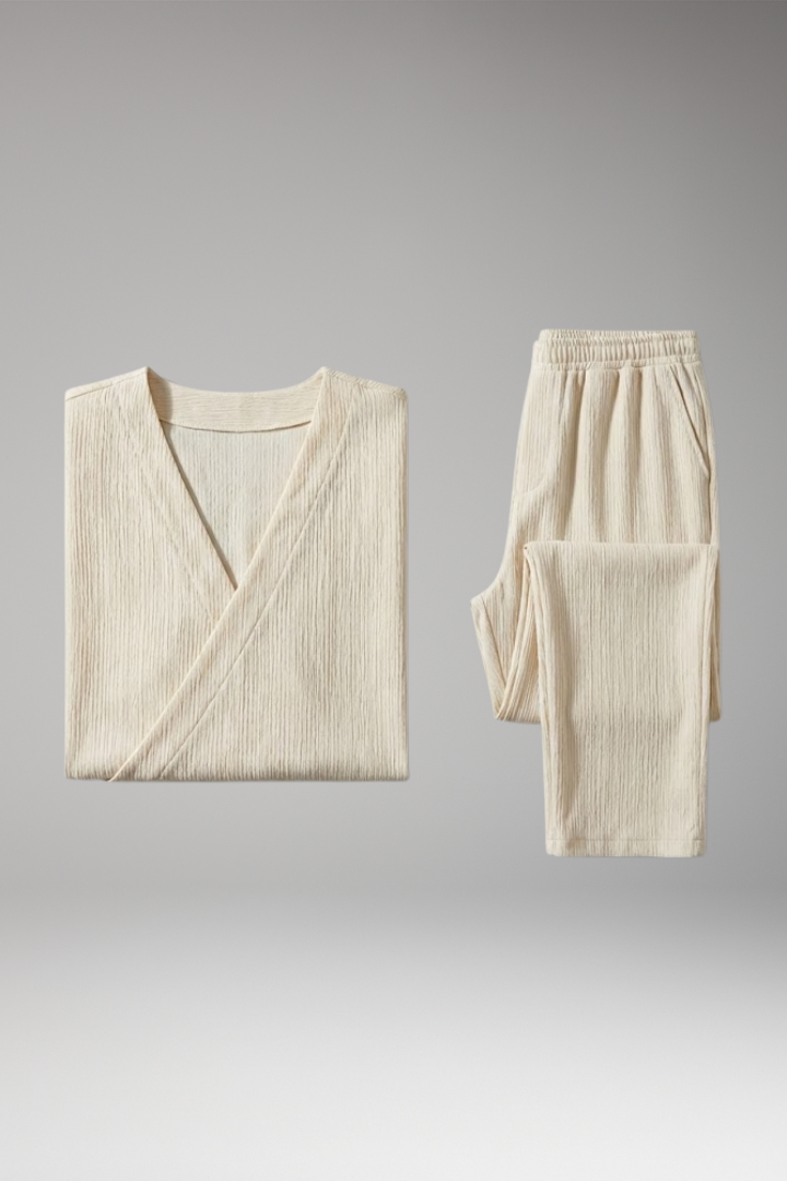 Men's Two-Piece Set with V-Neck Top and Relaxed Fit Trousers