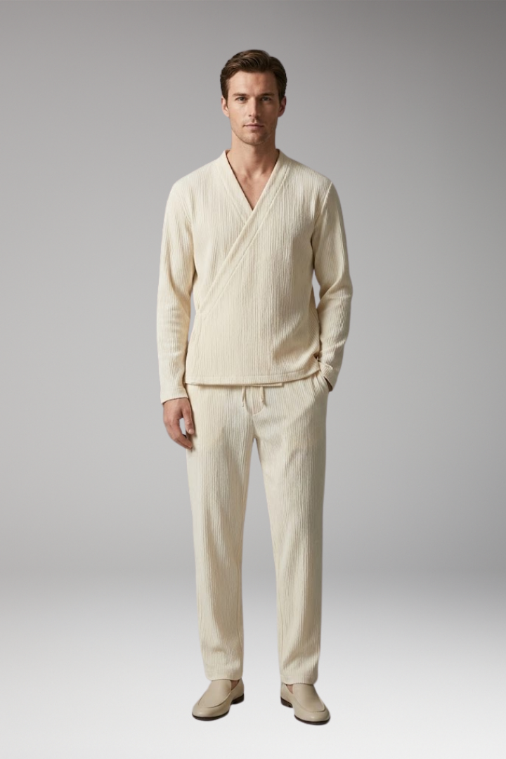 Men's Two-Piece Set with V-Neck Top and Relaxed Fit Trousers