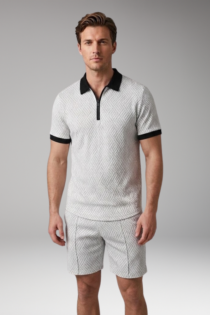 Men's Two-Piece Suit with Zip-Up Shirt and Matching Shorts
