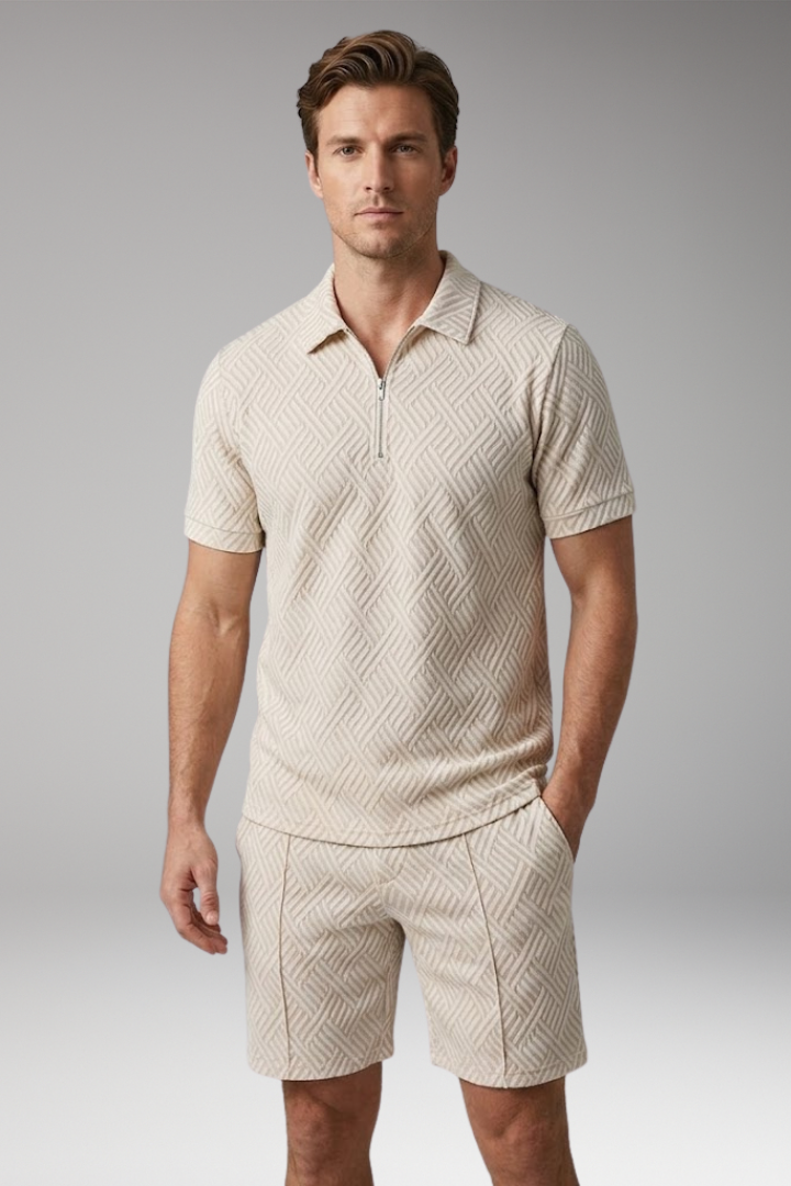 Men's Two-Piece Suit with Zip-Up Shirt and Matching Shorts