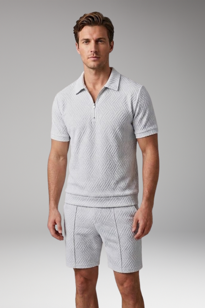 Men's Two-Piece Suit with Zip-Up Shirt and Matching Shorts