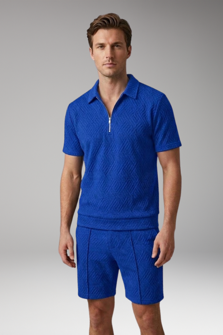 Men's Two-Piece Suit with Zip-Up Shirt and Matching Shorts