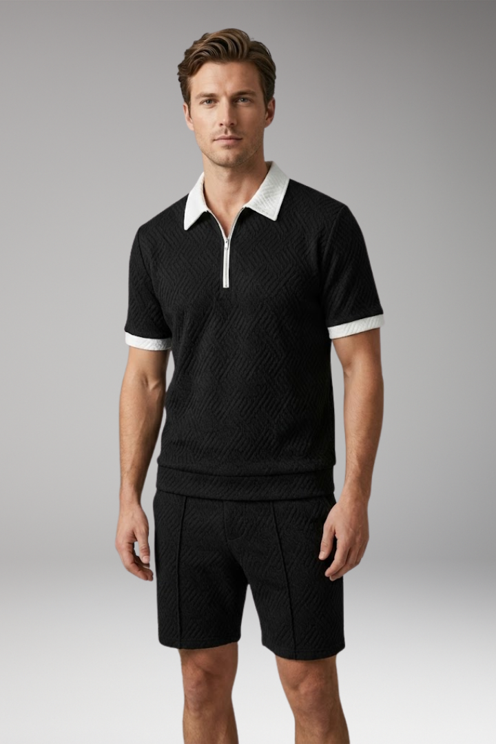 Men's Two-Piece Suit with Zip-Up Shirt and Matching Shorts