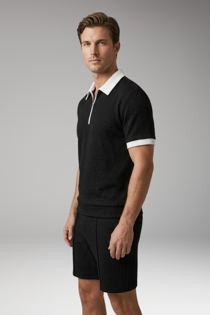 Men's Two-Piece Suit with Zip-Up Shirt and Matching Shorts