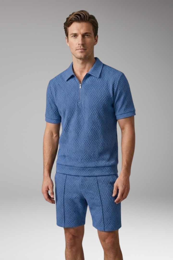 Men's Two-Piece Suit with Zip-Up Shirt and Matching Shorts