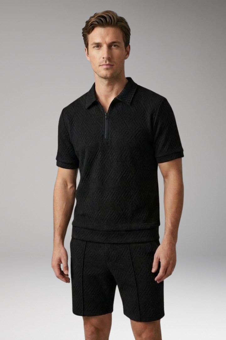 Men's Two-Piece Suit with Zip-Up Shirt and Matching Shorts