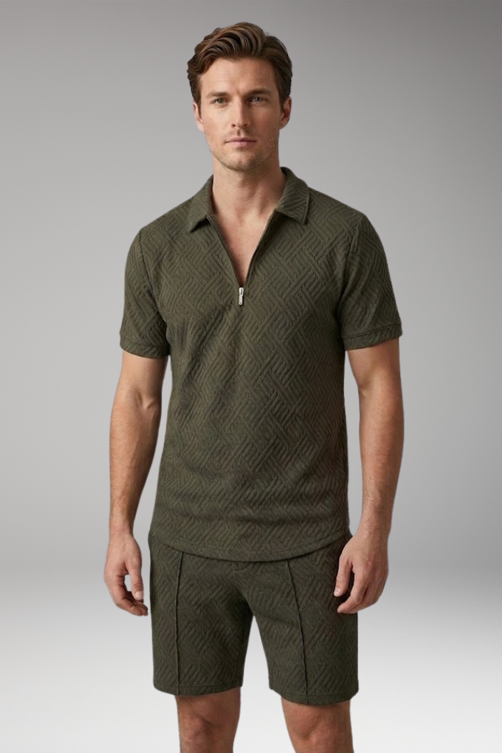 Men's Two-Piece Suit with Zip-Up Shirt and Matching Shorts