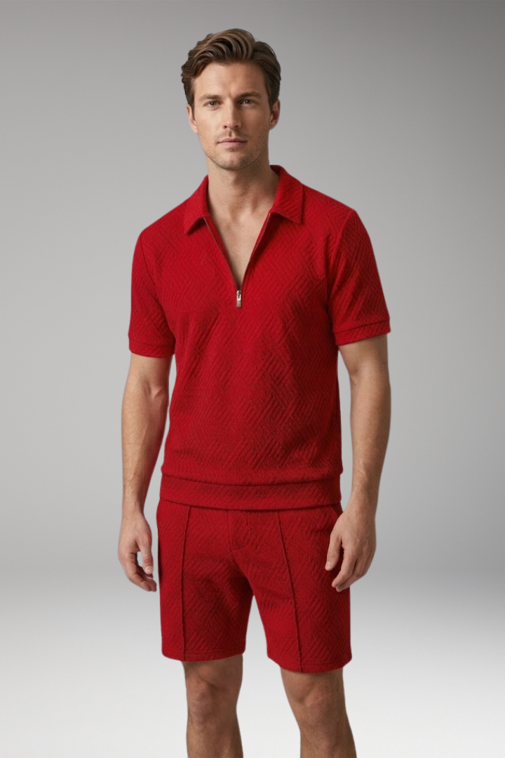 Men's Two-Piece Suit with Zip-Up Shirt and Matching Shorts