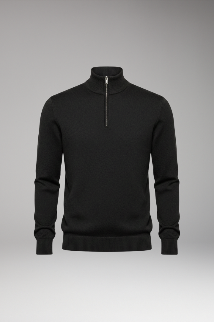 Men's Zip-Neck Sweater with Ribbed Edges