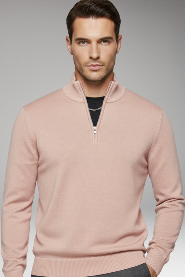 Men's Zip-Neck Sweater with Ribbed Edges