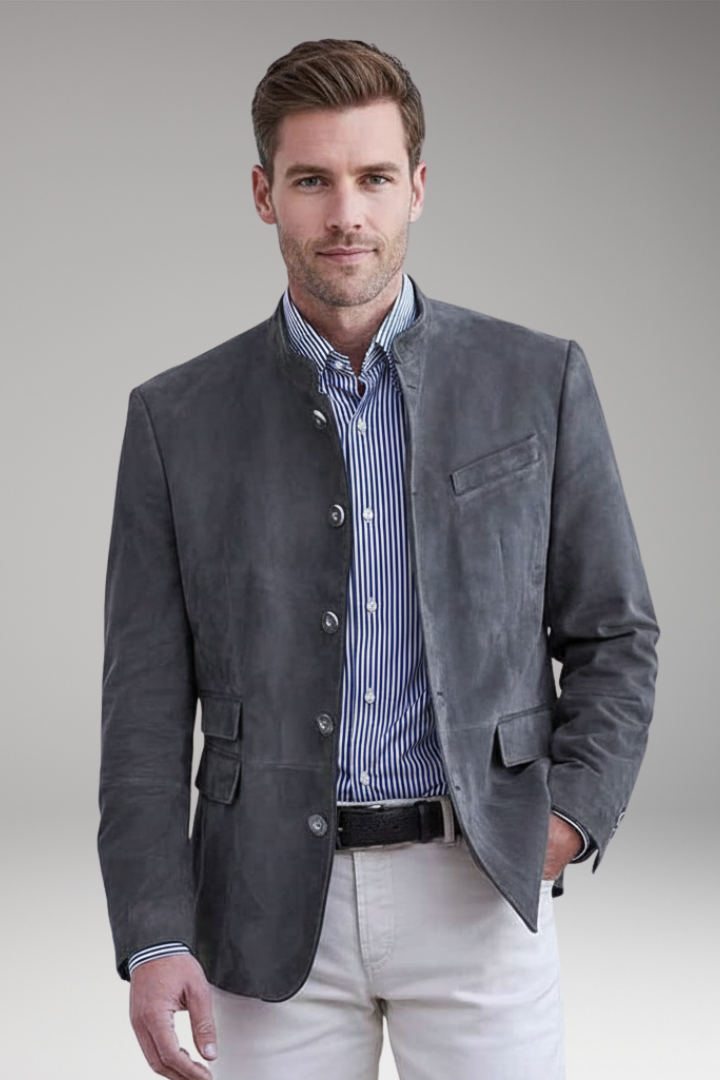 Men’s Blazer with Stand Collar and Multiple Pockets