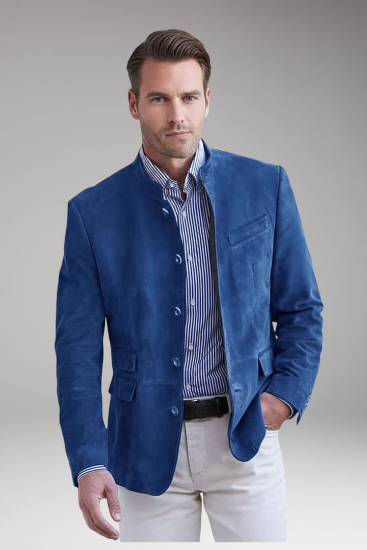 Men’s Blazer with Stand Collar and Multiple Pockets