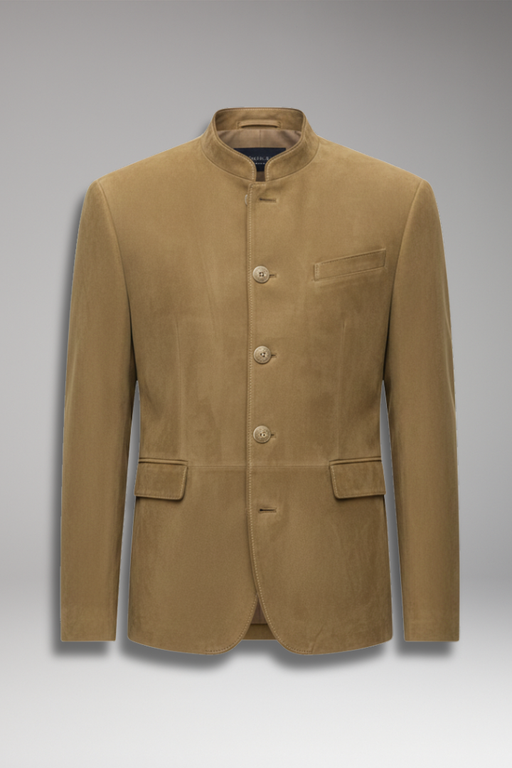 Men’s Blazer with Stand Collar and Multiple Pockets