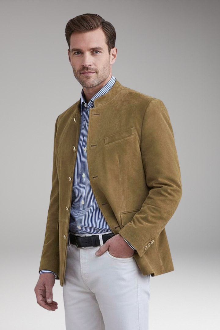 Men’s Blazer with Stand Collar and Multiple Pockets