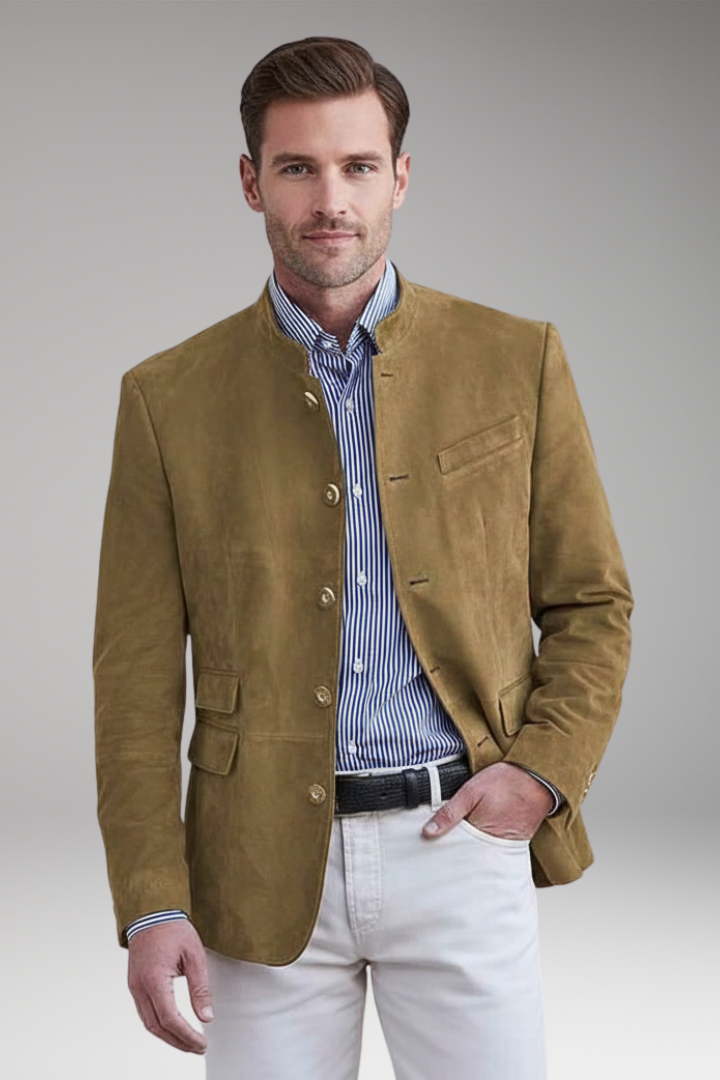 Men’s Blazer with Stand Collar and Multiple Pockets