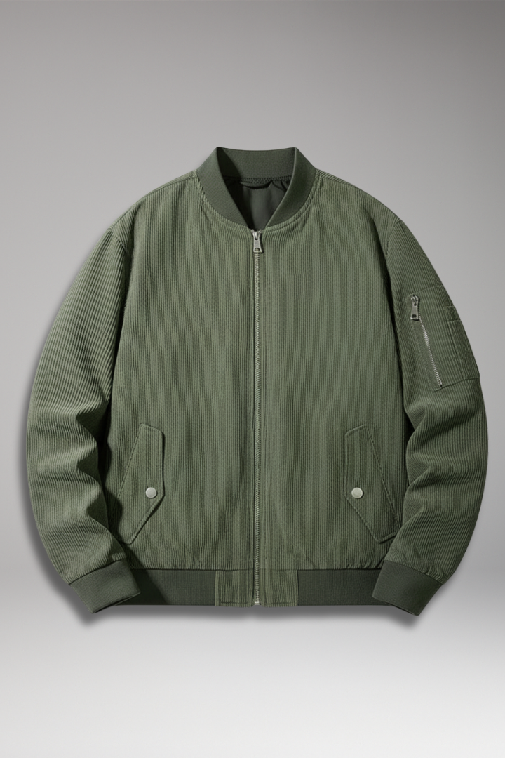 Men’s Corduroy Bomber Jacket with Utility Pocket and Ribbed Trim