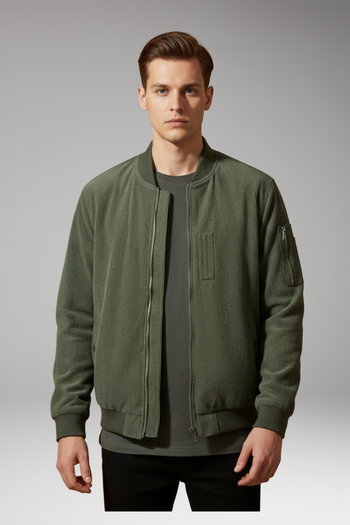 Men’s Corduroy Bomber Jacket with Utility Pocket and Ribbed Trim