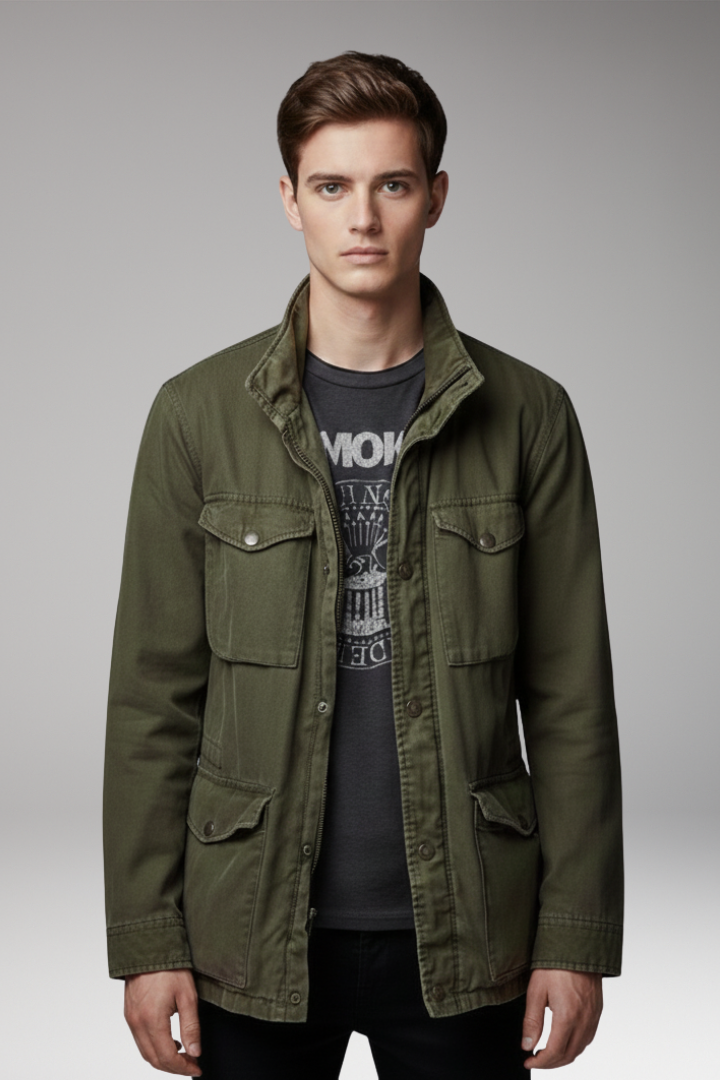 Men’s Field Jacket with Hidden Hood and Snap Pockets
