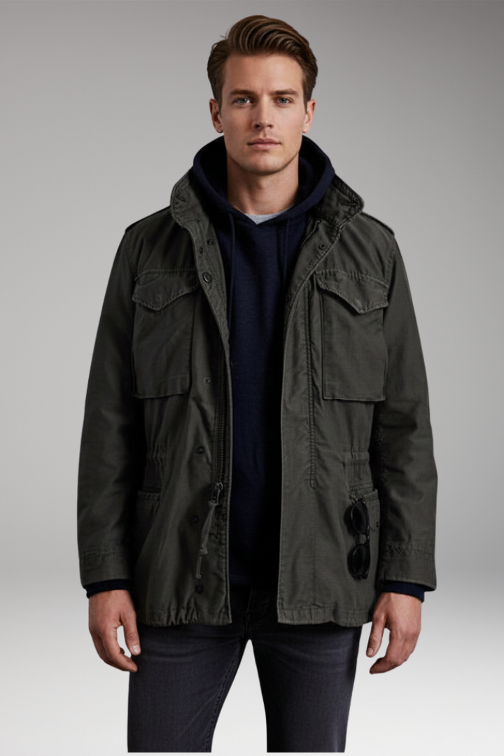 Men’s Field Jacket with Hidden Hood and Snap Pockets
