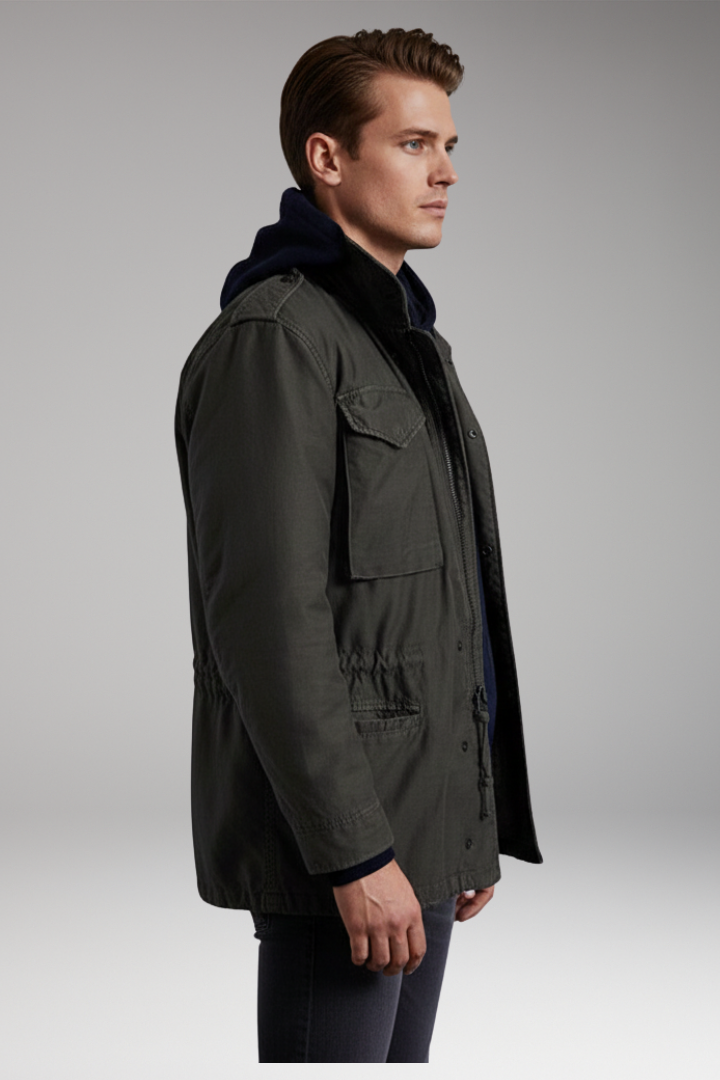 Men’s Field Jacket with Hidden Hood and Snap Pockets