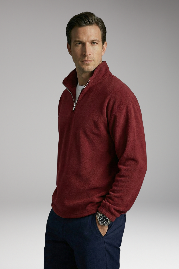 Men's Fleece Pullover with Stand Collar and Ribbed Cuffs