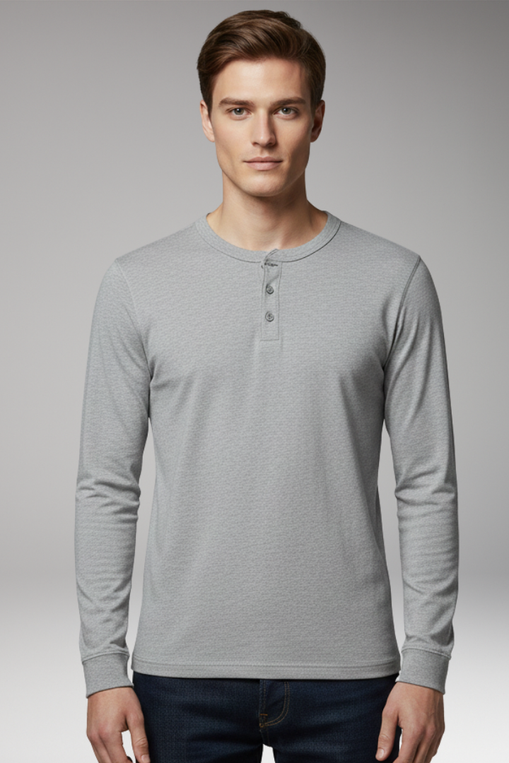 Men's Henley Shirt with Three-Button Placket and Long Sleeves