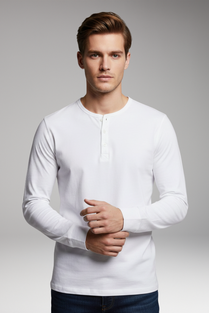 Men's Henley Shirt with Three-Button Placket and Long Sleeves