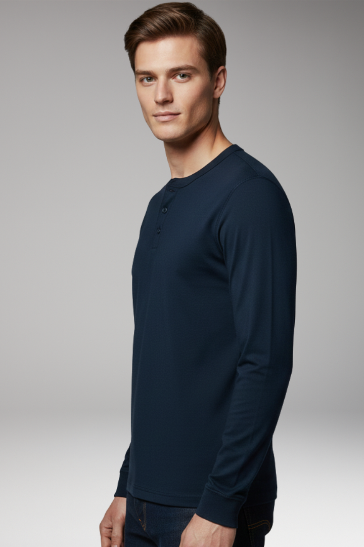 Men's Henley Shirt with Three-Button Placket and Long Sleeves