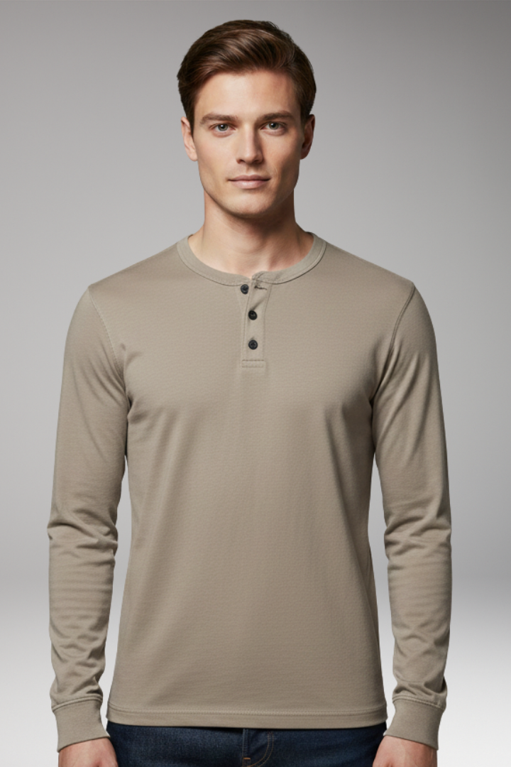 Men's Henley Shirt with Three-Button Placket and Long Sleeves
