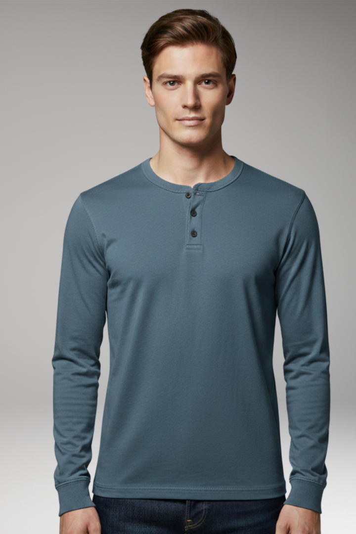 Men's Henley Shirt with Three-Button Placket and Long Sleeves