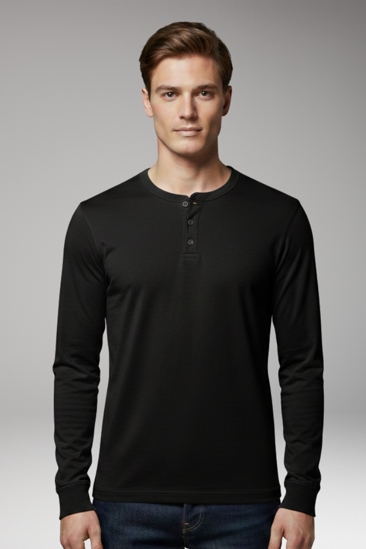 Men's Henley Shirt with Three-Button Placket and Long Sleeves