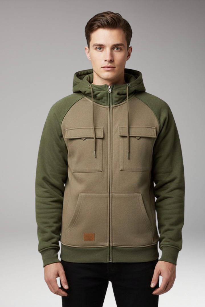 Men's Hooded Sweatshirt Jacket with Raglan Sleeves and Zip Front