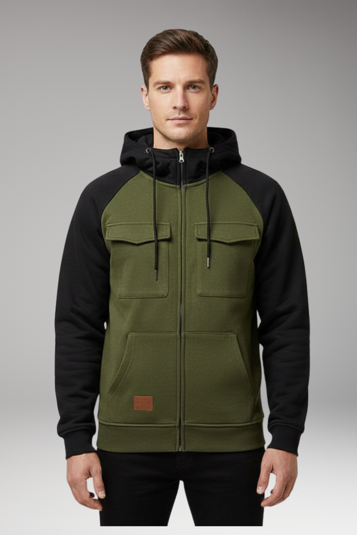 Men's Hooded Sweatshirt Jacket with Raglan Sleeves and Zip Front