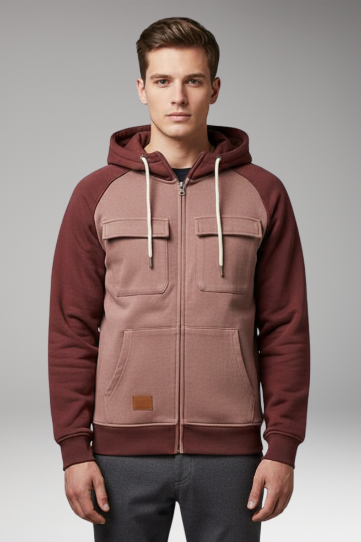 Men's Hooded Sweatshirt Jacket with Raglan Sleeves and Zip Front