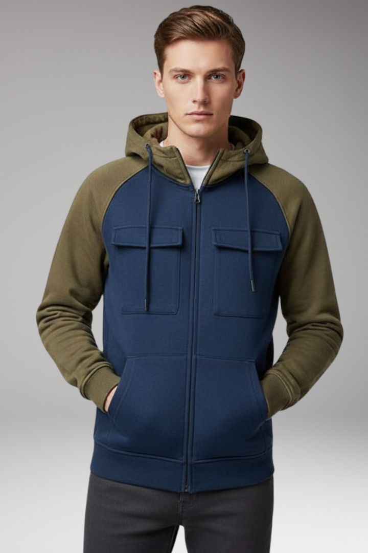 Men's Hooded Sweatshirt Jacket with Raglan Sleeves and Zip Front