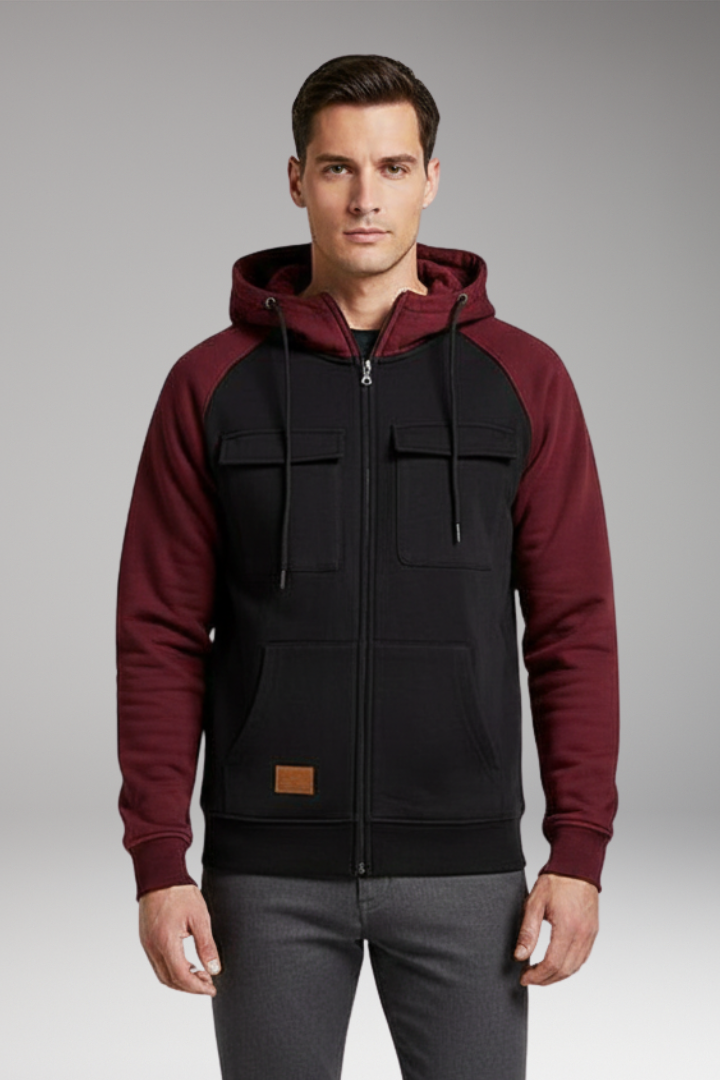 Men's Hooded Sweatshirt Jacket with Raglan Sleeves and Zip Front