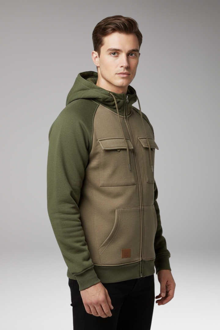 Men's Hooded Sweatshirt Jacket with Raglan Sleeves and Zip Front